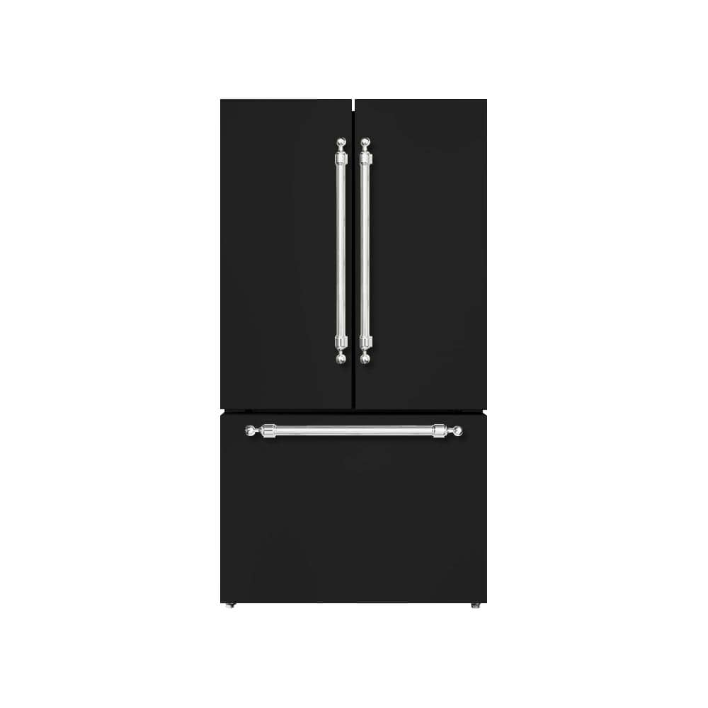 36 in. French Door Refrigerator, 20.3 Cu. ft., Bottom Freezer, Automatic Ice Maker, Glossy Black W- Classico Chrome Trim