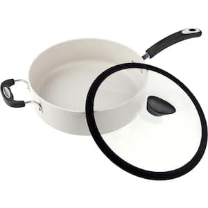 5.3 qt. Stone Layered with Aluminum Core Nonstick Sauce Pan in Warm Alabaster with Silicone Coated Handle and Glass Lid
