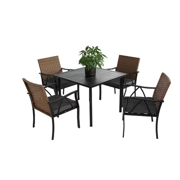 iwicker patio square steel dining table with umbrella hole PHI VILLA Set for 4, 37" Metal & Chairs w/Cushions Umbrella Hole HOMEFUN 35.4 in. Square Tempered