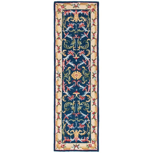 Heritage 2 ft. x 12 ft. Navy/Ivory Floral Border Runner Rug