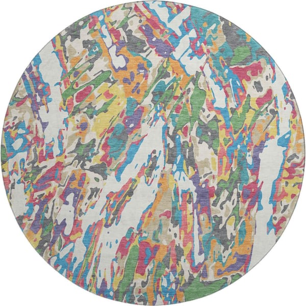 Mayfield Premium Machine Washable Abstract AMF2441 Cream 8 ft. x 8 ft. Round Rug