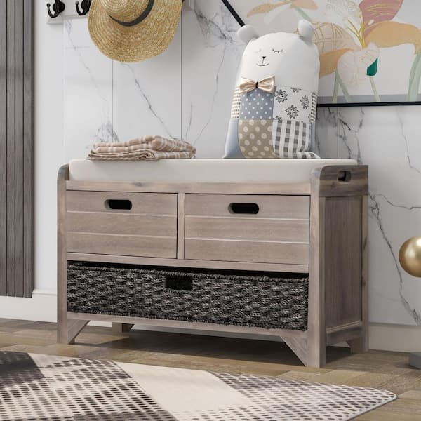Neville 20 in. H x 32 in. W White Washed Wood Shoe Storage Bench with Cushion, Removable Basket and Drawers