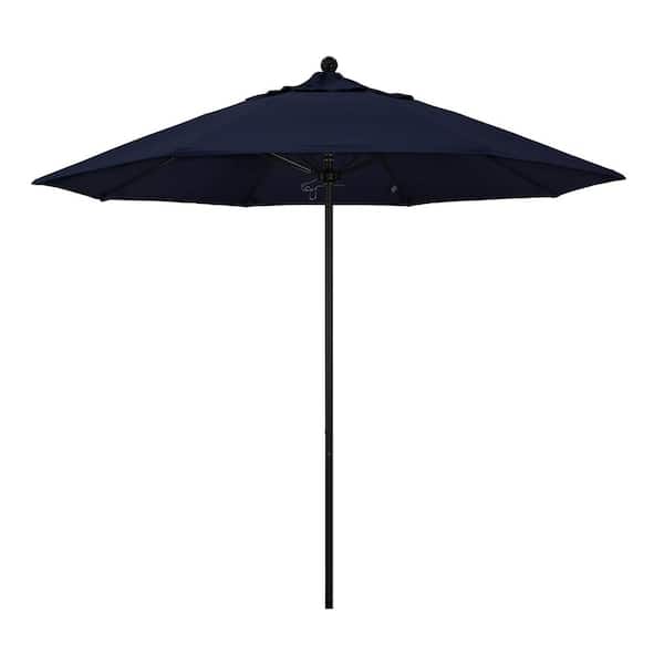 California Umbrella 9 ft. Black Aluminum Commercial Market Patio Umbrella with Fiberglass Ribs and Push Lift in Navy Blue Olefin