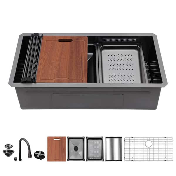 33 in. Undermount Single Bowl 16-Gauge Gunmetal Black Stainless Steel Workstation Kitchen Sink w/Faucet and Bottom Grid
