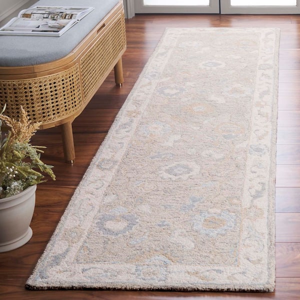 Ebony 2 ft. x 5 ft. Light Gray/Ivory Floral Border Runner Rug