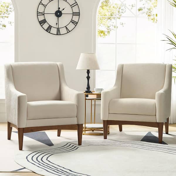 JAYDEN CREATION Gerald 30 in. Ivory Polyester Arm Chair with Solid Wooden Legs (Set of 2)