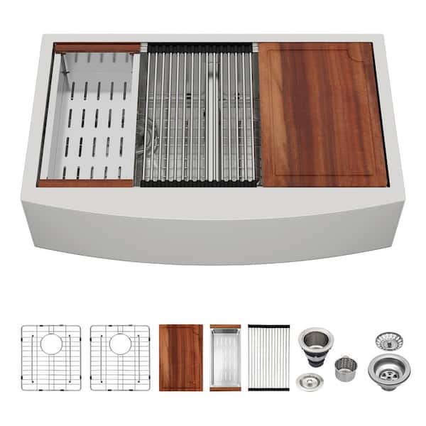 Logmey 33 in. Farmhouse Workstation Sink Double Bowl 18 Gauge Brushed Stainless Steel Kitchen Sink with Ledges