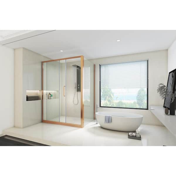 EPOWP 35 in. W x 76 in. H Neo Angle Pivot Frameless Corner Shower Enclosure in Rose Gold Finish with Toughened Glass