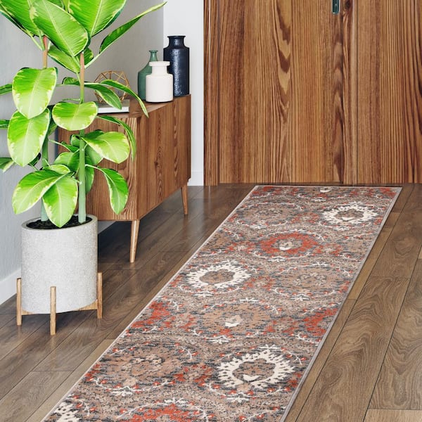 Augusta Rust 2 ft. 6 in. x 8 ft. Oriental Floral Non-Slip Runner Rug