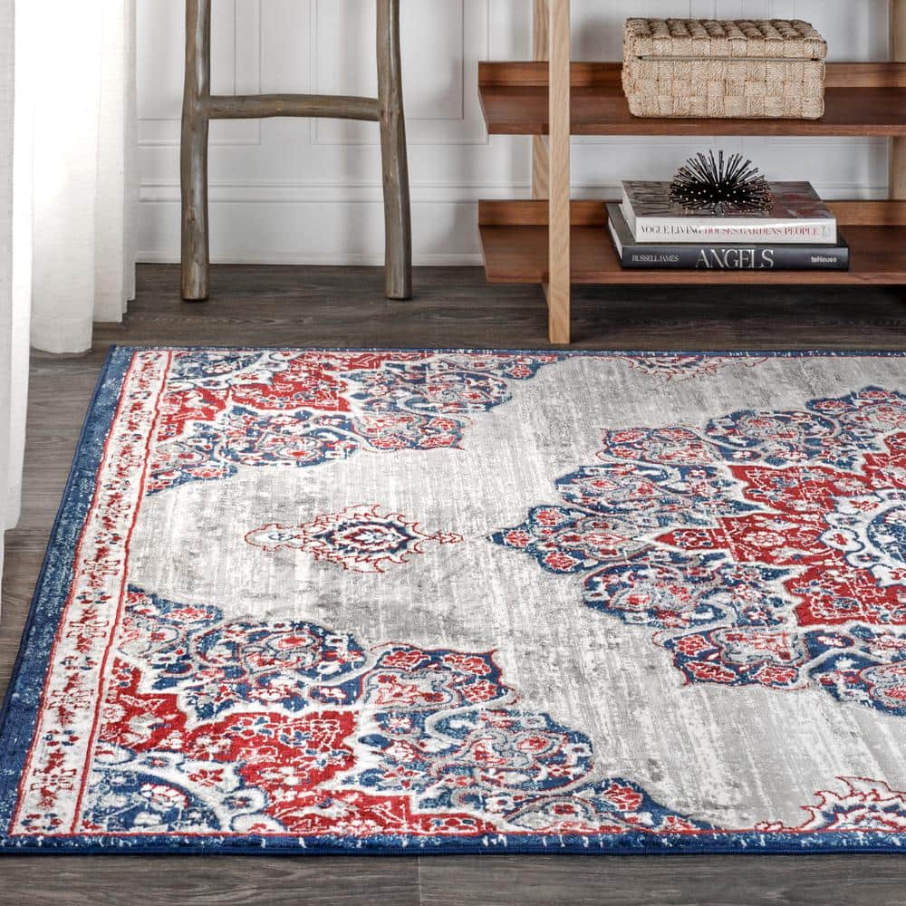 Navy and Red 4' x 6' Synthetic Moroccan Medallion Rug