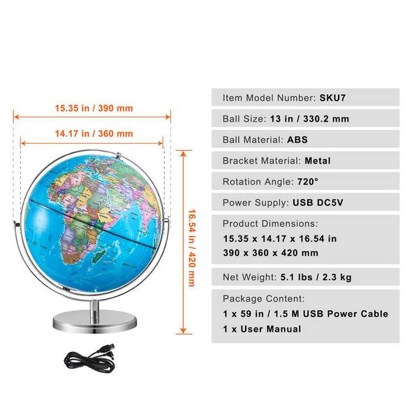 SKYSHALO Illuminated World Globe with Stand. 16.54 in. x 13 in