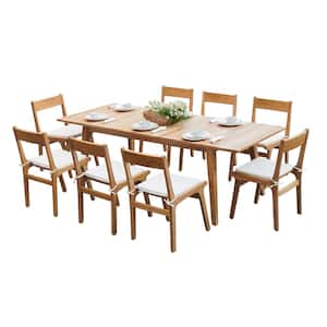 Brown 9-Piece Teak Wood Rectangle Outdoor Dining Set with White Cushions