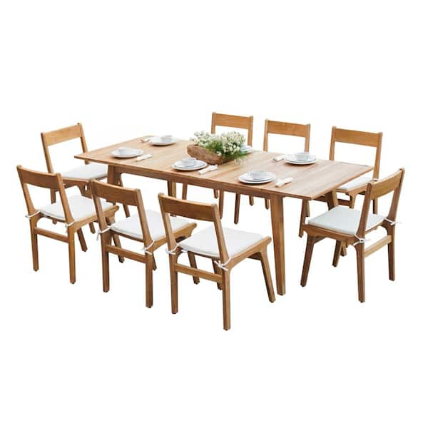 HIGOLD Brown 9-Piece Teak Wood Rectangle Outdoor Dining Set with White ...