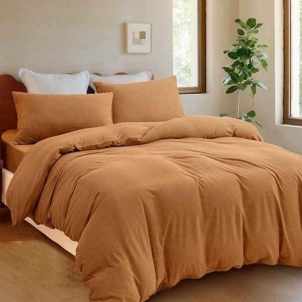 Comfy 3-Piece Orange Jersey Knit T-Shirt Cotton Full Size Duvet Cover Set Breathable Zipper Closure 100% Cotton