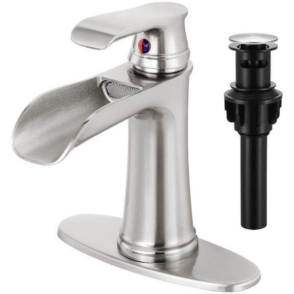 AKLFGN Single Handle Single Hole Waterfall Bathroom Faucet with Deckplate pop drain Included in Brushed Nickel