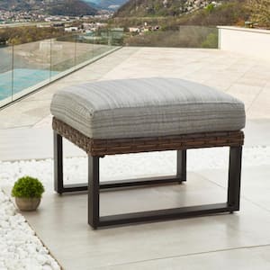 1-Piece Brown Wicker Outdoor Sectional Ottoman with Gray Cushions