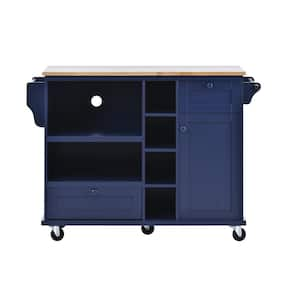 Dark Blue Rubberwood Kitchen Cart with Microwave Storage Rack, Exterior Shelves and 2- Drawers