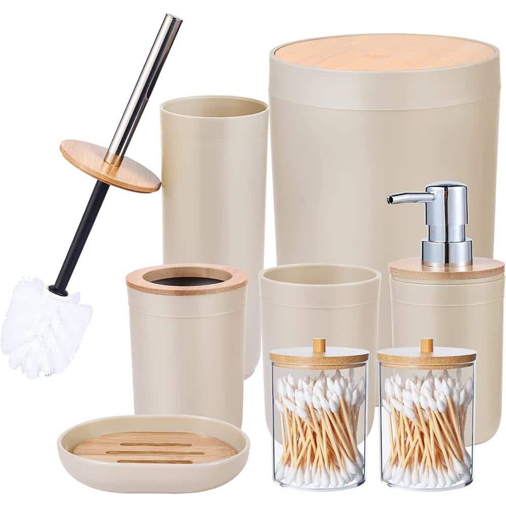 SGHUO 4Pcs Bamboo Bathroom Accessories Set, Soap Dispenser, Toothbrush  Holder, 2 Qtip Holder Jars, Boho Rustic Bathroom Decor, Brown Bathroom Set