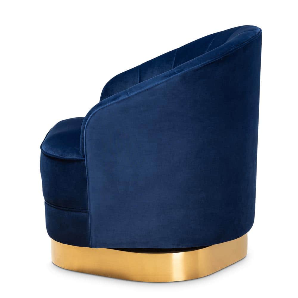 Royal Blue Velvet Barrel Swivel Accent Chair with Brushed Gold Base