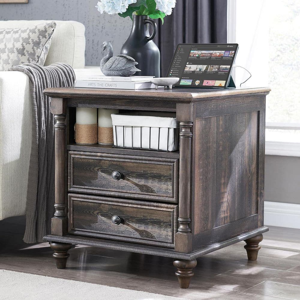 XRAMFY Farmhouse Dark Rustic Oak 2 Drawers 24 in. W Nightstand with ...