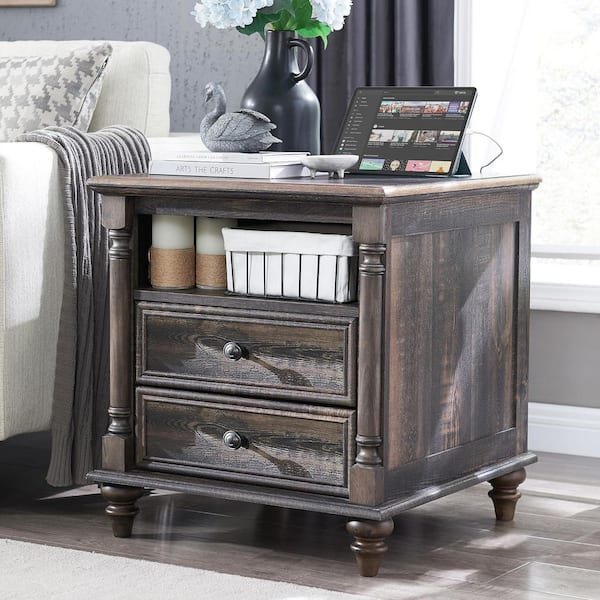 Farmhouse Dark Rustic Oak 2 Drawers 24 in. W Nightstand with Open Cubby and Charging Station