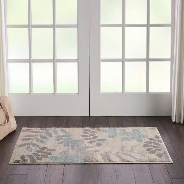 Tranquil Ivory/Light doormat 2 ft. x 4 ft. Floral Contemporary Kitchen Area Rug