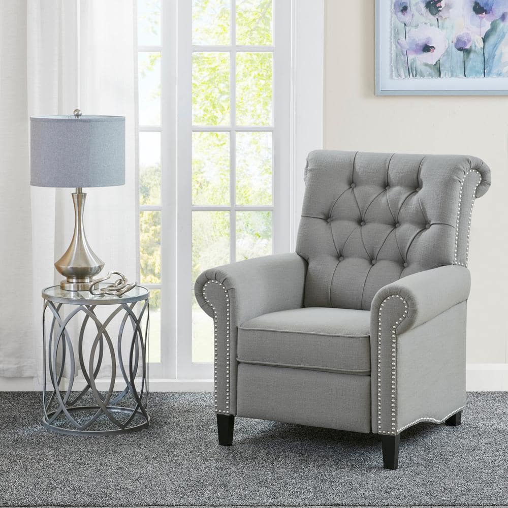 Elegant Gray Microfiber Recliner with Tufted Back and Bronze Nailhead Trim