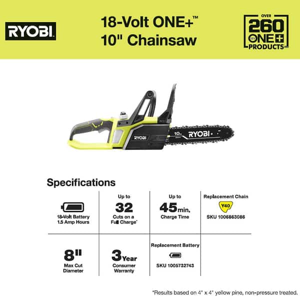 RYOBI ONE+ 18V 10 in. Battery Chainsaw with 1.5 Ah Battery and 