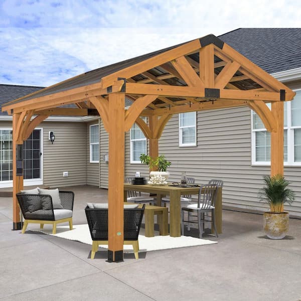 Arlington 12 ft. x 12 ft. All Cedar Wood Outdoor Gazebo Structure with Hard Top Steel Metal Peak Roof and Electric