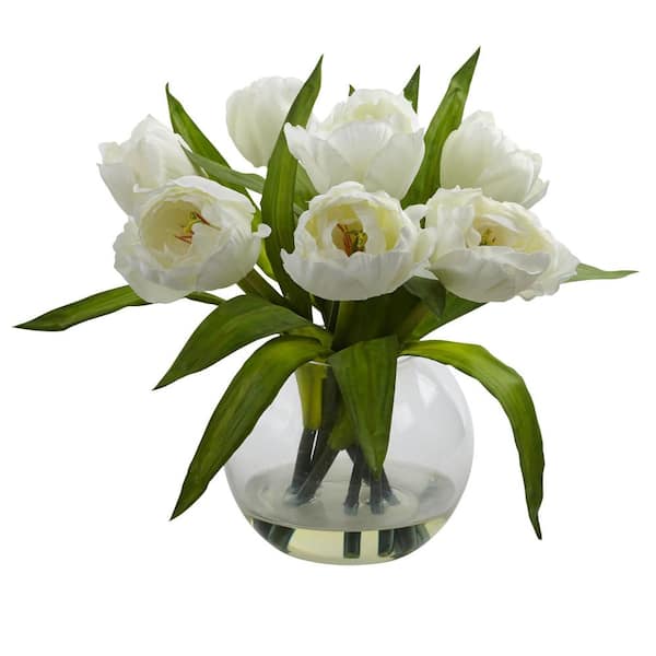 Nearly Natural 11 in. Artificial Tulips Arrangement with Vase
