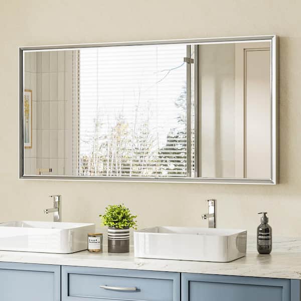 48 in. W x 24 in. H Aluminum Beveled Edge Rectangular Framed Bathroom Vanity Wall Mount Mirror in Brushed Silver
