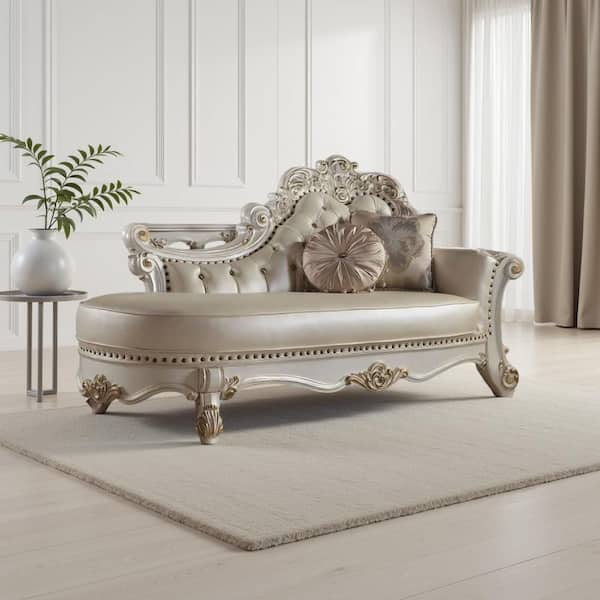 Antoine Pearl White and Gold Faux Leather with 2-Pillows Chaise Lounge