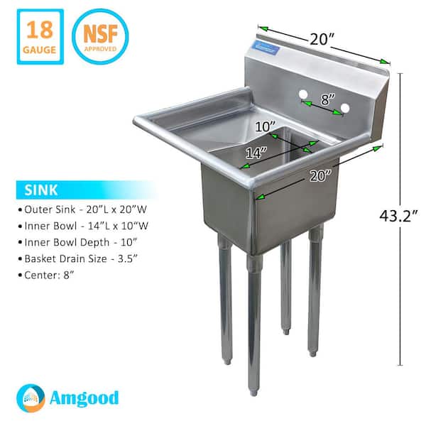 AMGOOD 20 in. x 20 in. Stainless Steel One Compartment
