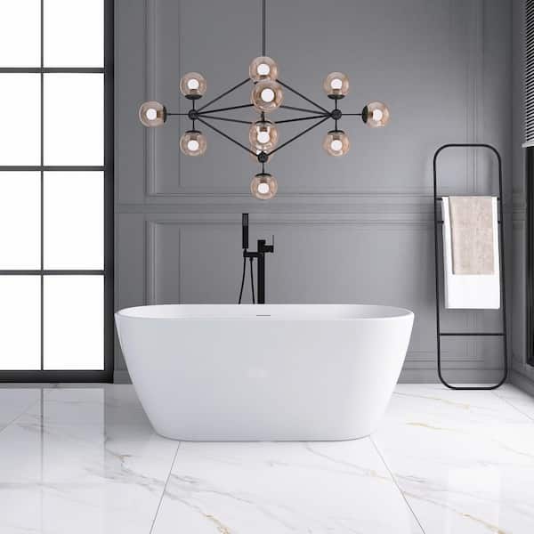 JimsMaison 59 in. Chrome glossy Acrylic Flatbottom Oval Freestanding Non-Whirlpool Soaking Bathtub in White