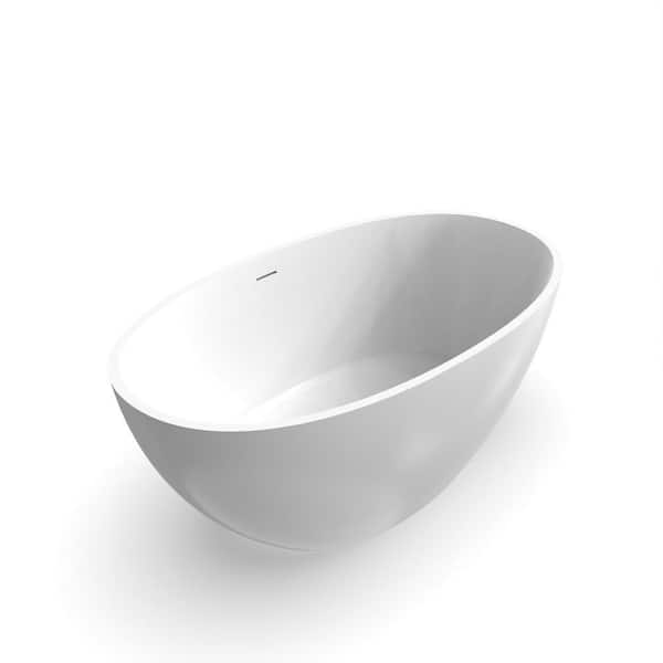 55 in. x 30.7 in. Solid Surface Oval Freestanding Soaking Bathtub with Center Drain Bathtub Strip in Glossy White