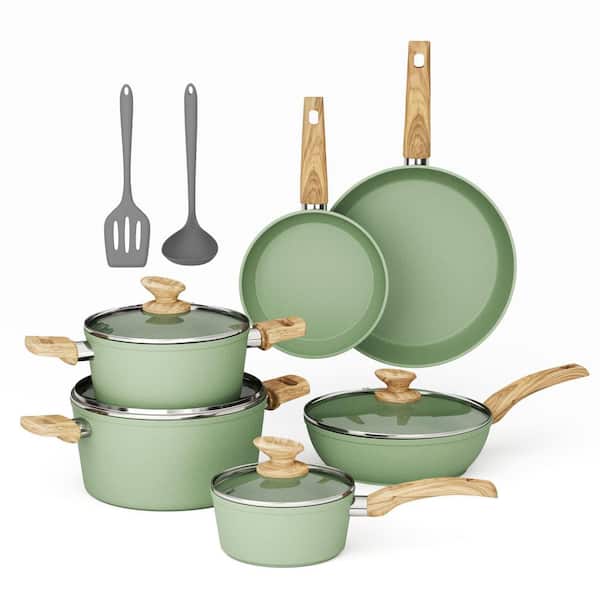 12 Piece Green Nonstick Aluminum Cookware Set, Granite Kitchen Cookware Induction Compatible, Pot and Pan Sets