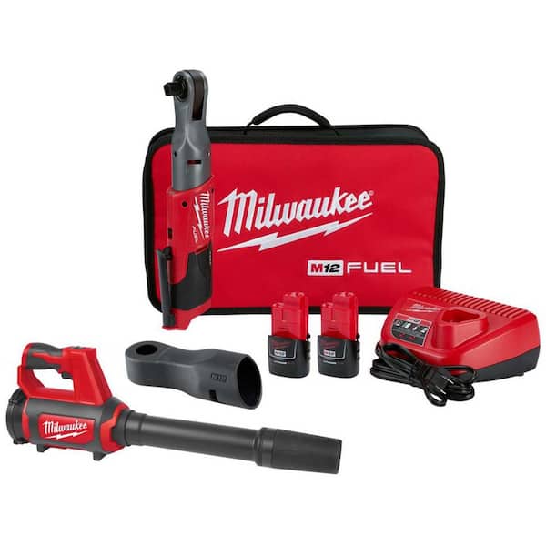 M12 FUEL 12V Lithium-Ion Brushless 1/2 in. Cordless Ratchet Kit with (2) 2. 0Ah Batteries, Charger, Bag & Spot Blower