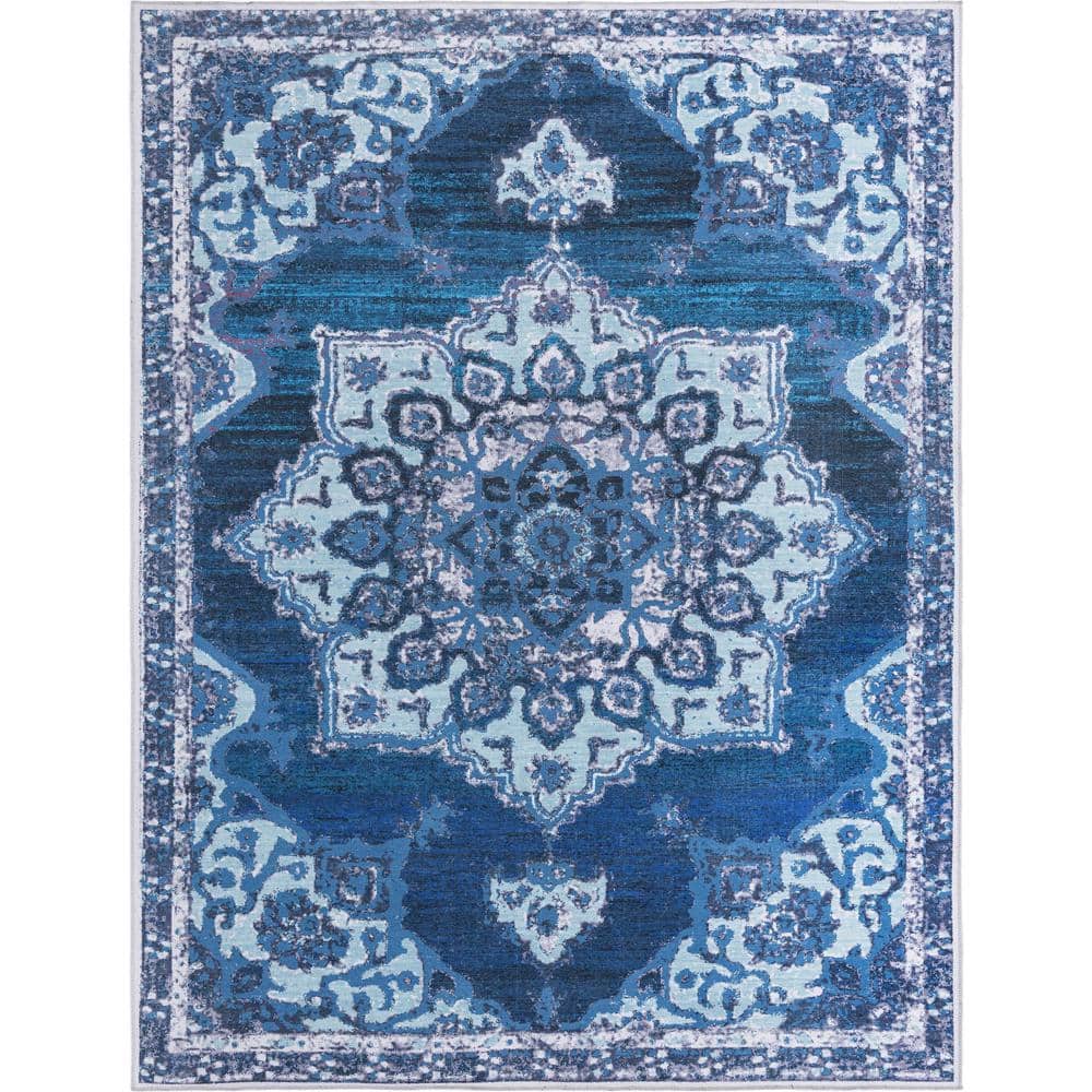 Navy Blue Medallion Synthetic 9' x 12' Washable Area Rug
