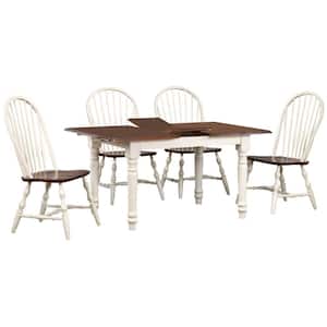Andrews 5-Piece Solid Wood Top White and Brown Dining Table Set with Extendable Butterfly and Spindle Back Chairs