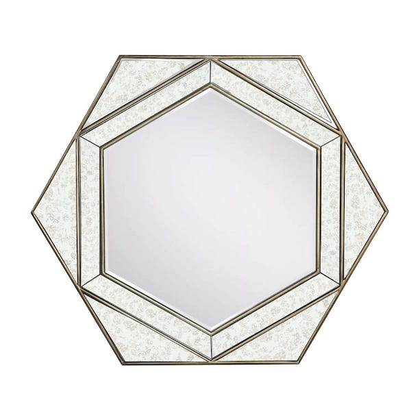 Brown 35.4 in. W x 30.7 in. H Vintage Geometric Hexagon Wood Framed Mirror