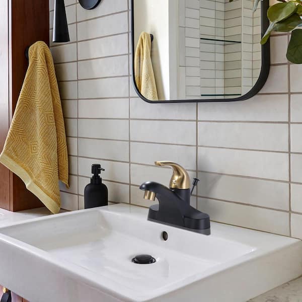 4 in. Centerset Single-Handle Low Arc Bathroom Faucet with Drain Kit Included in Black and Gold