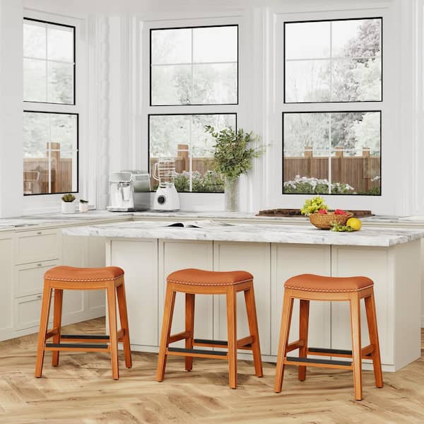 Havenra 26 in. H Natural Wood Frame Backless Counter Stool with Bonded Leather Saddle Seat