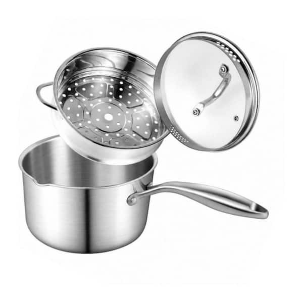 3-Piece 3.5 qt. Stainless Steel Tri-ply Full Body Sauce Pan with Steamer Basket and 2-Size Drainage Holes Lid