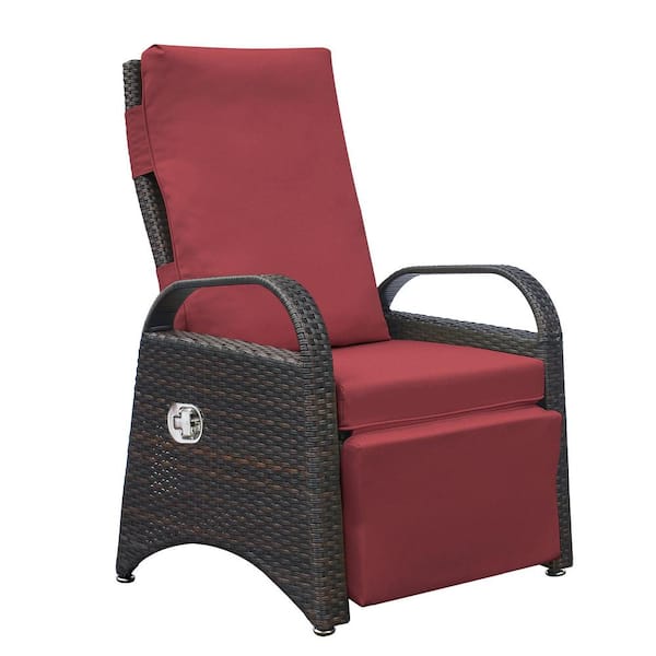 Tenleaf Brown Wicker Separate Adjustment Mechanism Outdoor Recliner with Red Cushions