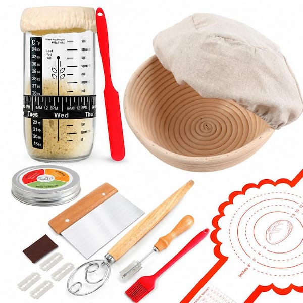 Black Rattan Round Sourdough Bread Proofing Basket, 8.5 in. Banneton Baking Gift Kit for Dough Rising