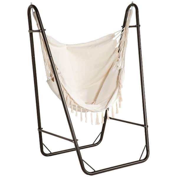 Unbranded 4.3 ft. Patio Hammock Chair with U Shape Stand, Outdoor Hanging Lounge Chair with Side Pocket in Brown and Cream White