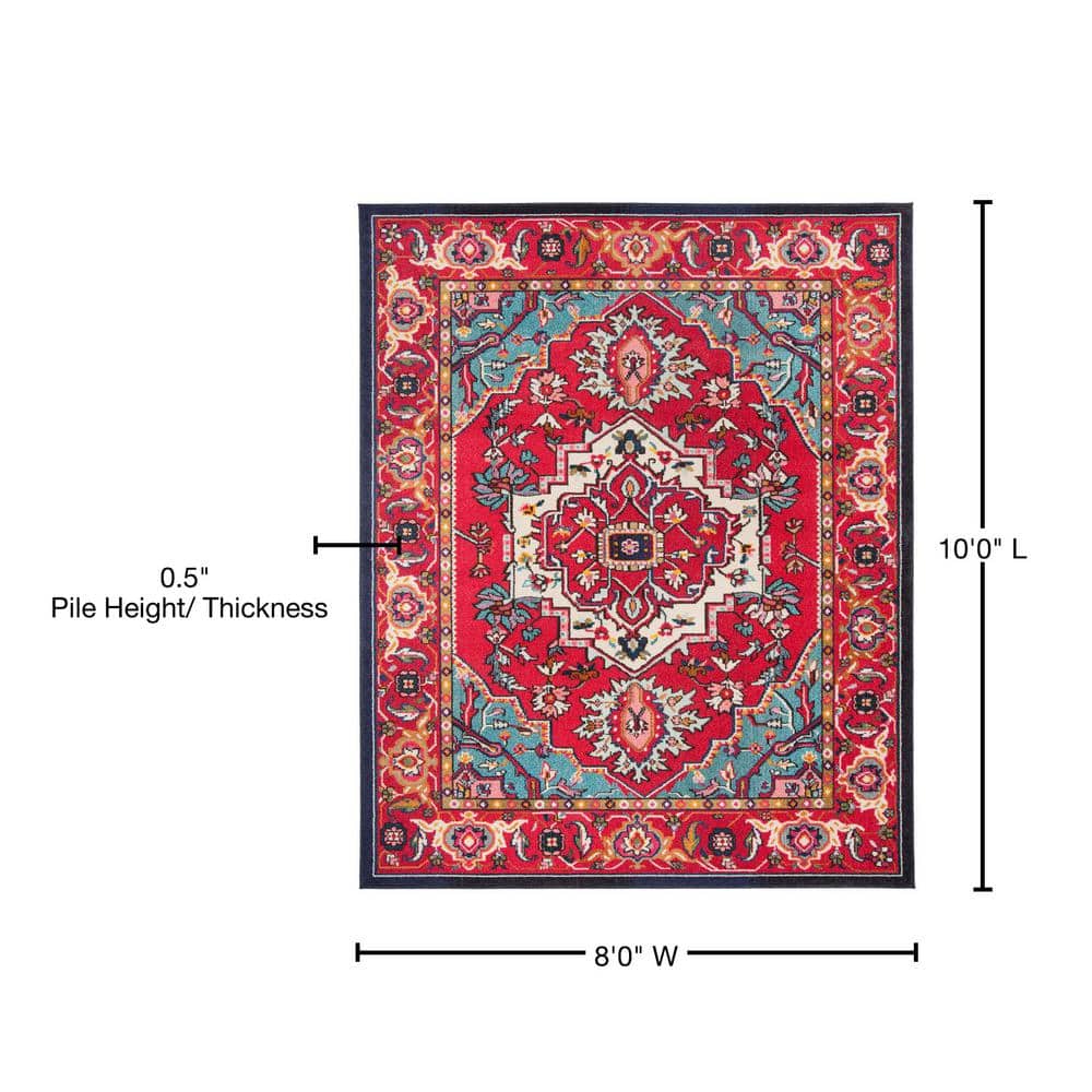 Vibrant Red Floral 8' x 10' Easy-Care Synthetic Area Rug