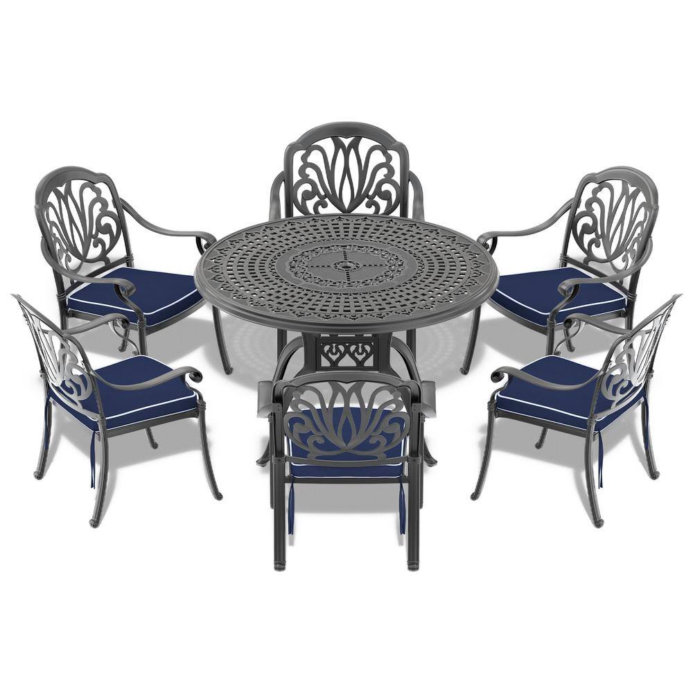 Willit Isabella Black 7Piece Cast Aluminum Outdoor Dining Set with 47.24 in. Round Table and