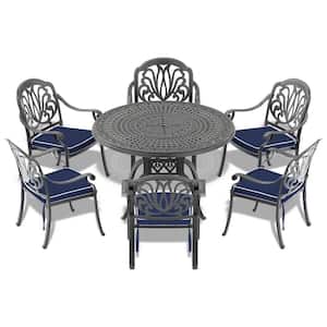 Isabella Black 7-Piece Cast Aluminum Outdoor Dining Set with 47.24 in. Round Table and Random Color Seat Cushions
