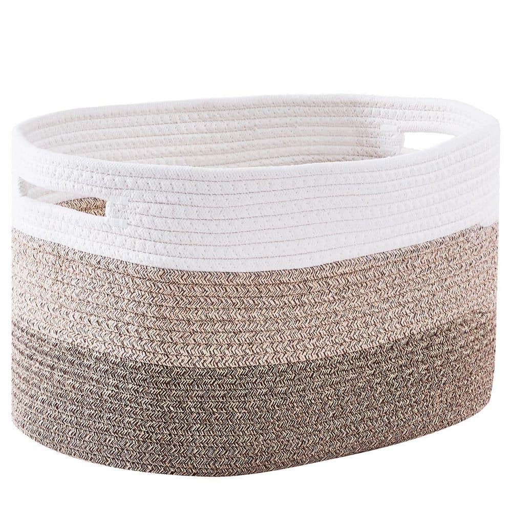 White and Linen Round Cotton Rope Storage Baskets, Set of 3
